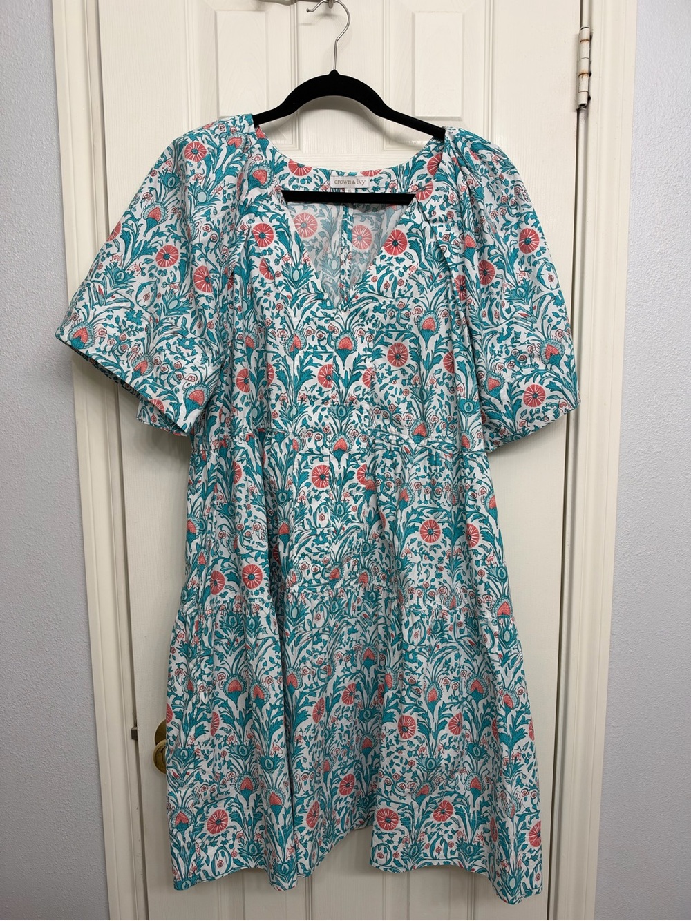 Crown & Ivy Floral Print Teal & Coral Women’s Dress